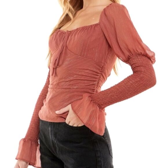 WAYF cinnamon chiffon ruched long puff sleeve top coquette girl sz L - Picture 5 of 11